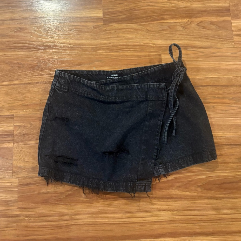 Black Distressed Wrap Denim Skirt